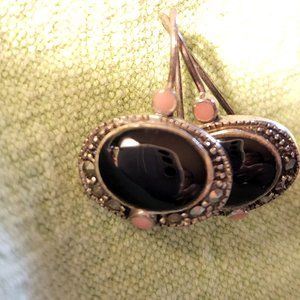 Fun Vintage Sterling Silver Black Onyx Oval Pink Marcasite accents Earrings 3.4g